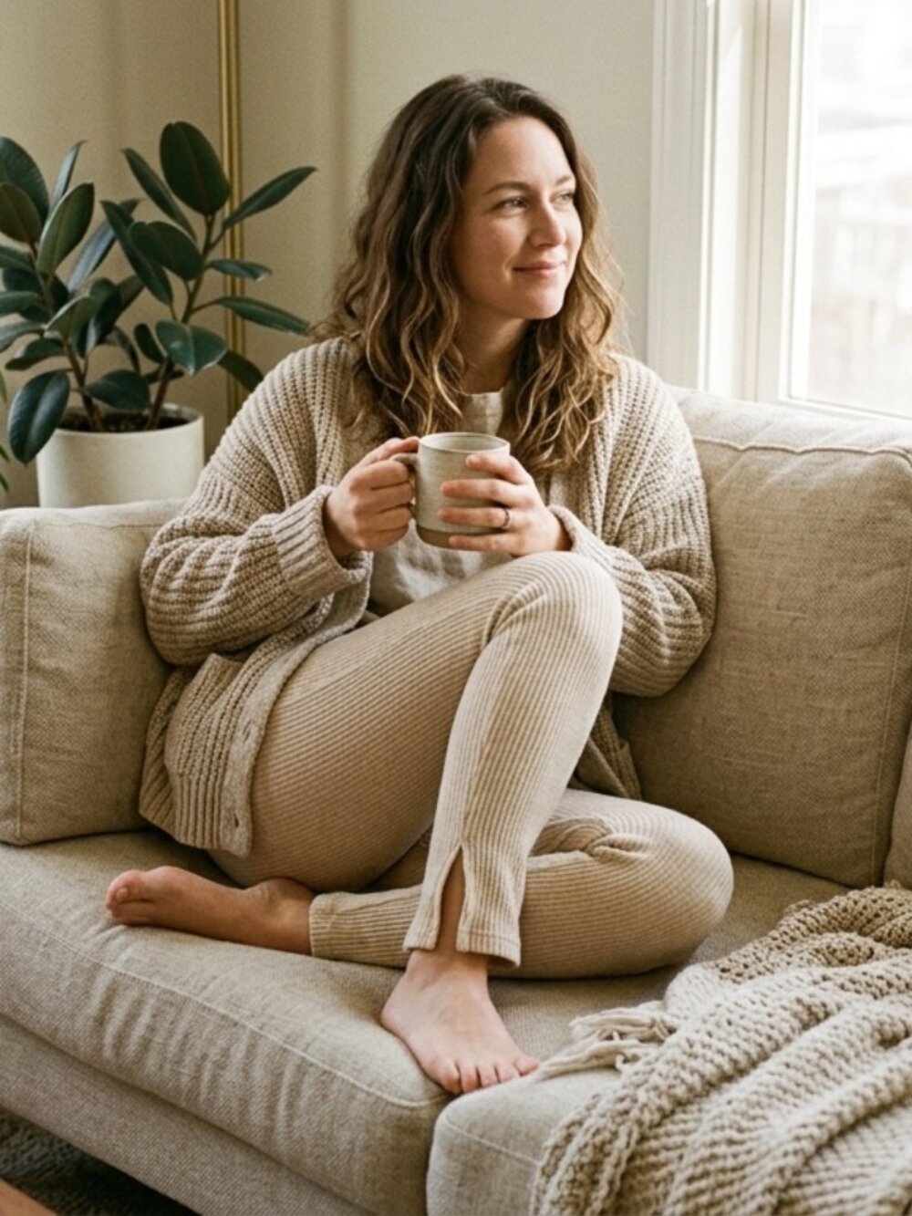 Joe Fresh Tan Ribbed High Waisted Lounge Pants Leggings Neutral Minimalist PJs